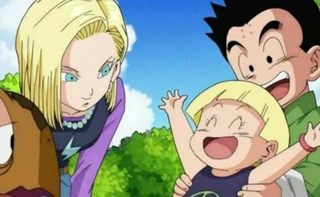 Krillin con su esposa, Androide18, e hija, Maron